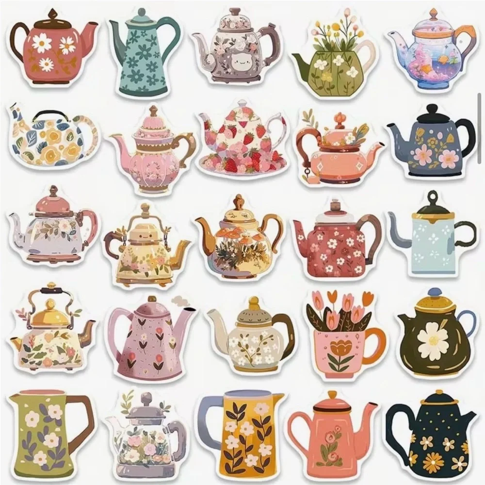 50 Teapot Stickers Coffee Pot Pitcher Flowers Floral - Picture 4 of 10